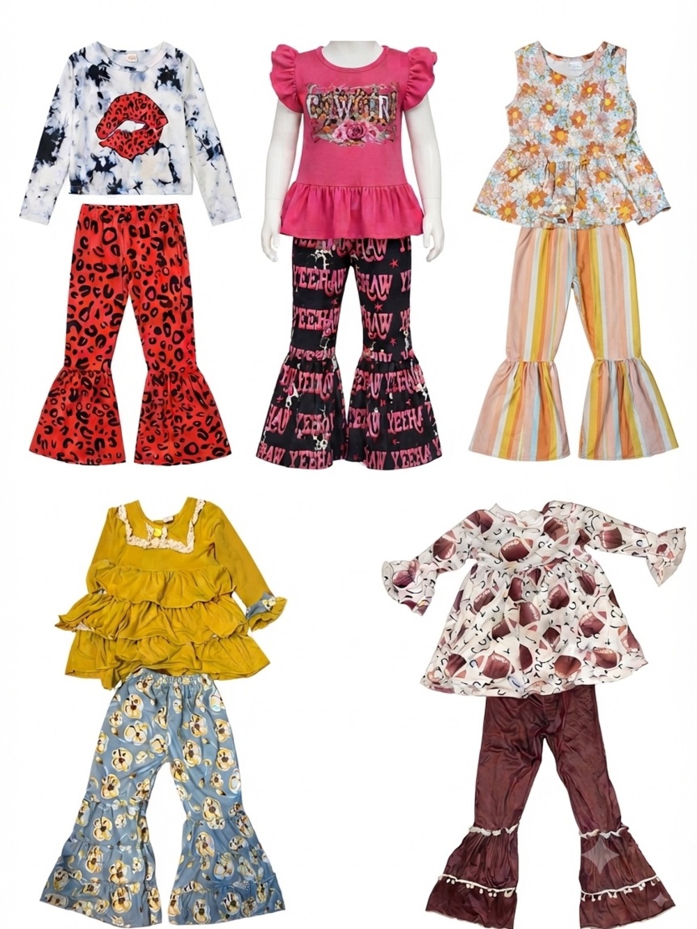 Girls' boutique ruffle & bell bottom Outfit Bundle - Multiple Colors size 6-7
